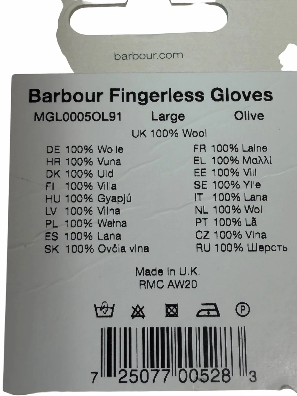 NEW BARBOUR Fingerless Lambswool Gloves Size Large
